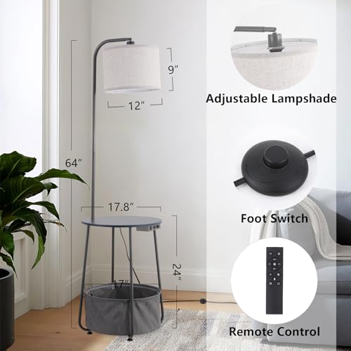 Floor Lamp with Cat Bed and Charging Station, Adjustable Lampshade, 3 Color Temperatures, Remote & Foot Switch Control, Standing Lamp with USB & AC Outlets for Living Room Bedroom, Gray