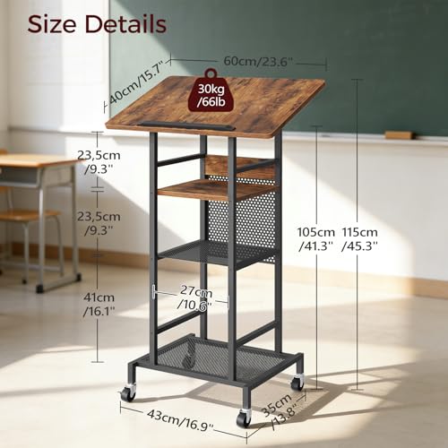 MAHANCRIS Rustic Brown & Black Podium Stand with Locking Wheels, 4-Tier Lectern