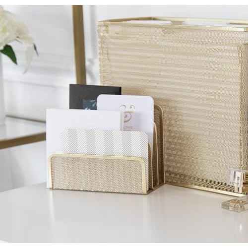 BLU MONACO Gold Mail Organizer for Desk - Mail Holder Countertop - Gold Metal Mesh Letter Sorter & Envelope Holder