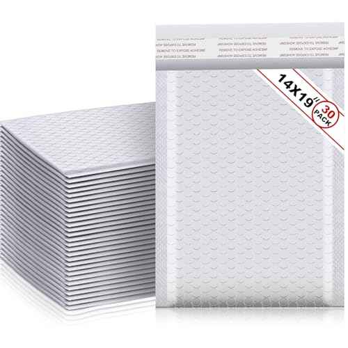 Henoyso 30 Pcs Extra Large Bubble Mailers 14 x 19 Inches Resealable Padded Envelopes Waterproof Shipping Bags Poly Padded Mailers Bulk for Mailing Packaging Small Business(White)