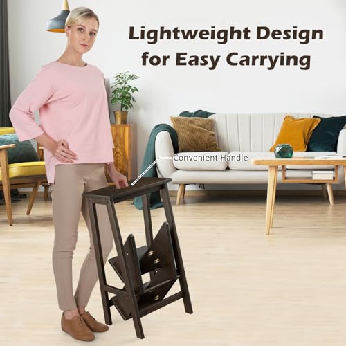 Costzon Brown 30" 3-Step Folding Stool with Handle, 3 in 1 Wooden Step Ladder