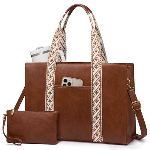 LOVEVOOK Laptop Tote Bag for Women,Vintage Work Bag,Waterproof Leather Computer Briefcase 2PCs,Office Gifts for Women Teacher