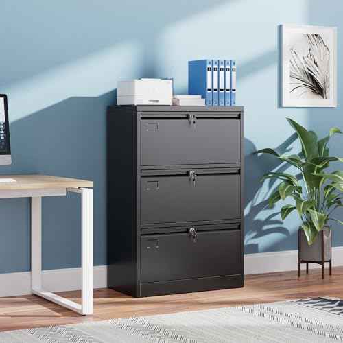 Aobabo 3 Drawer Wide Lateral File Cabinet, Metal Filing Cabinet with Lock, Suitable for Home Office School Hanging Files Letter/Legal/F4/A4 Size,Black,Required-Assembly,15.87" D x 28.94" W x 43.62" H