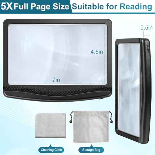 5X Magnifying Glass for Reading, Large Bright LED Lighted Full Page Magnifier, Lightweight Rectangular Handheld Magnifier with Light for Reading Small Prints for Seniors, Low Vision
