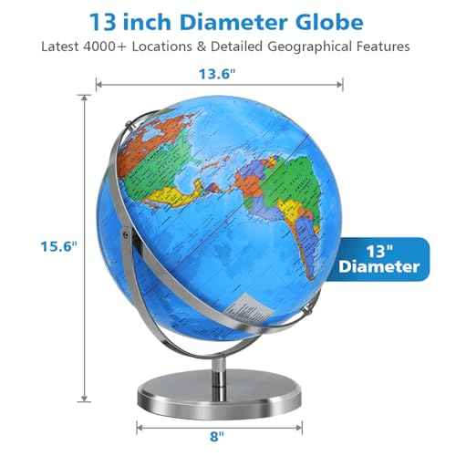 World Globe with Stainless Steel Stand 13 inch, 720 Rotating & HD Waterproof Material, Teaching/Geographic/Decorative Globes with Clear Text for Elementary, Classroom, Home, School, Office