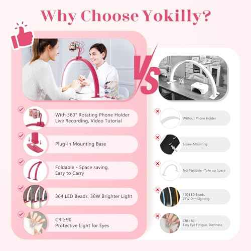 Yokilly Half Moon Light for Nail Desk: 29" Foldable Half Moon Desk Lamp with Phone Holder for Beginner - Arch Nail Tech Light with 3 Color Modes & 10 Brightness for Manicure Salon (Rose Red, Large)