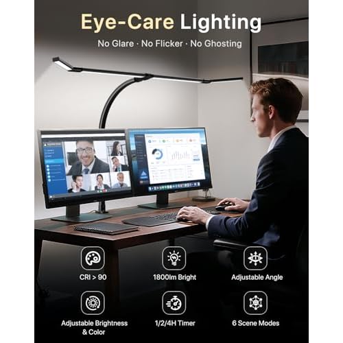 ONEMIX 42" LED Desk Lamp with Clamp, Architect Desk Light with Remote, Adjustable 4-Segment Bar, 1800LM Bright, Eye-Caring Desk Lamp for Home Office, Reading, Study, Dual Monitors, Workbench (Black)