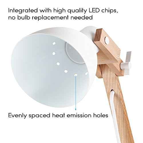 TORCHSTAR LED Swing Arm Desk Lamp, Wood Integrated Table Lamp, Heavy Base, 4-Level Dimmer, 5W, 2800K-3000K Warm White, Reading Lights for Office, Living Room, Bedroom, Bedside Nightstand Lamp, White