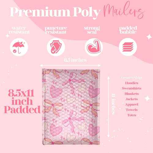 8.5x11 Designer Bubble Poly Mailer 50 Pack Heavy Duty Waterproof Self Seal Shipping Bags for Small Business Large Mailing Envelopes Bulk Tear Resistant Padded Pink Coquette Bubble Mailer