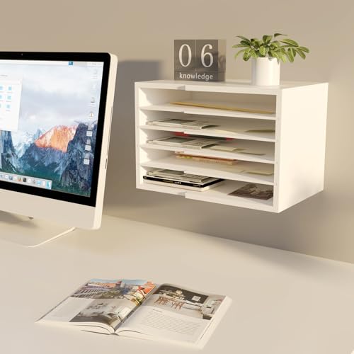 LAPTAIN Desktop File Sorter with 4 Adjustable Shelves for Home and Office, Paper Letter Tray Organizer Wall Mount, White