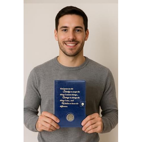 GALILEO¢ç Double AA Big Book Cover & 12 Steps & 12 Traditions | Perfect Gift | Alcoholics Anonymous | PU Leather | AA Book Covers for Hardcover | Serenity Prayer (Snap Button Closing/Navy Blue)
