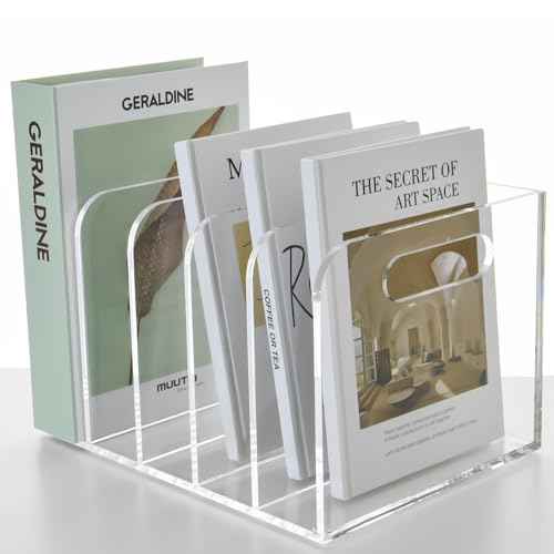 Clear Acrylic Organizers - 5 Vertical Compartments Acrylic Folder Organizer & File Organizer, Desk Document Storage Bins for Magazines, Binders - Multipurpose Home Office Desk Organizer