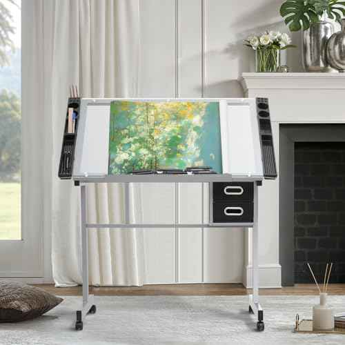 MoNiBloom Drafting Table on Wheels with Storage & Side Tray - Adjustable 0-65¡Æ Glass Tabletop, Replaceable Feet Art Desk