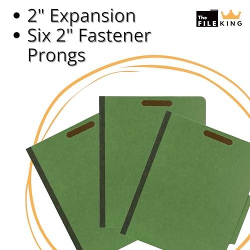 The File King Two Divider Pressboard Classification Dark Green File Folder - Letter Size | Box of 10 | 2/5 ROC Top Tab | 2¡± Expansion | Six 2-Inch Fastener Prongs | Made in America