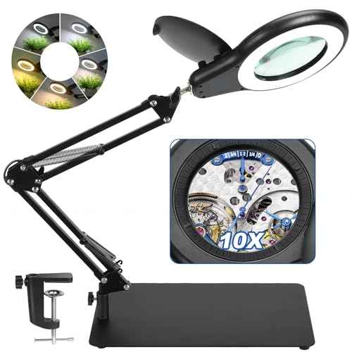 10X Magnifying Glass with Light and Stand, Magnifier with Light Hands Free, Lighted LED Magnifying Lamp Stepless Dimming Magnifying Desk Lamp Dust Cover Design for Crafts Repair Art Close Work