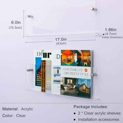 2 Pack Clear Acrylic Magazine Holder, Wall Mount Hanging Bookshelf Literature Storage Rack, Brochure File Display Shelf for Waiting Room, Living Room, Office, Home