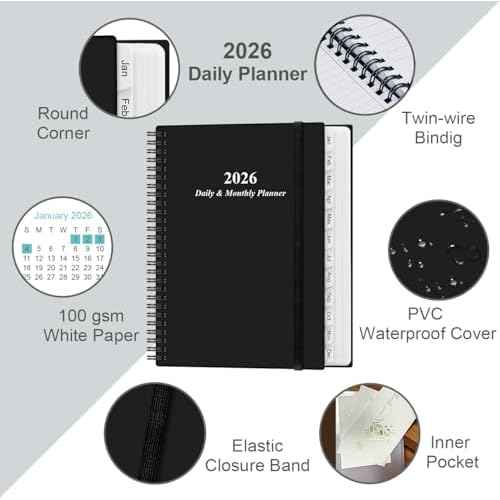 2026 Daily & Monthly Planner - One Page Per Day, Daily Planner from January 2026 - December 2026, Planner 2026 with 12 Monthly Tabs, 8.5" x 11", Black