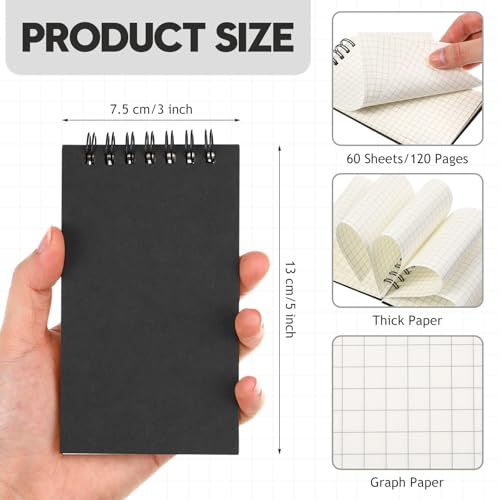 Jutom 100 Pcs Mini Pocket Notebooks Bulk 3x5 Graph Paper Top Spiral Notebook 120 Pages 80 Gsm Mini Grid Notepads Small Memo Pads for Home Classroom Office Business Work Supplies (Black)