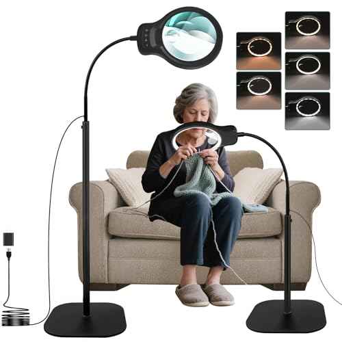 10X 30X Magnifying Glass with Light and Stand, 5" Large Floor Magnifier for Close Work, 5 Color Modes, Lighted Magnifying Lamp for Reading, Jewelers, Crafts, Sewing