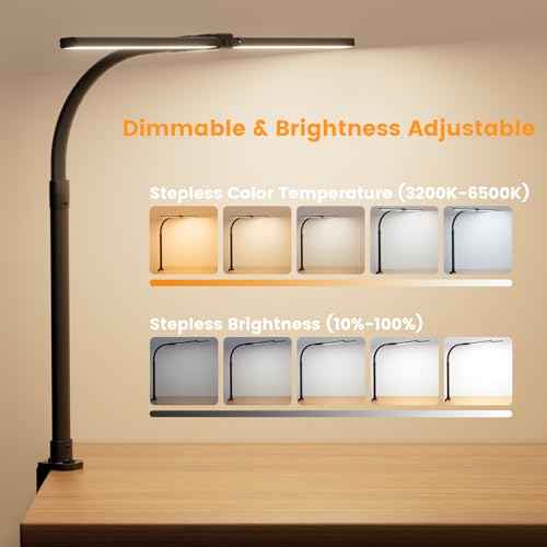 LED Desk Lamp for Home Office - 24W Computer Lamp with Remote Control, Dual Head Desk Light Bar with Clamp, 5 Color & Brightness Adjustable, Tall Flexible Task Monitor Lighting, Black