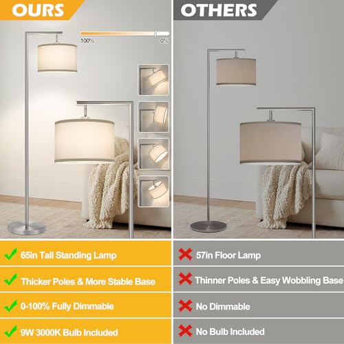 Dimmable Silver Floor Lamp, Brushed Nickel Floor Lamps for Living Room with Adjustable White Shade, Tall Standing Lamp Modern Reading Light for Bedroom Office Nursery, 9W LED Bulb Included