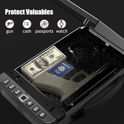 Portable Safe Box,Biometric Gun Safe for Handgun,Fingerprint Cabinet Boxes with Keys and Password to Quick Unlock,Safe Case for Guns Nightstand Travel Carry-on