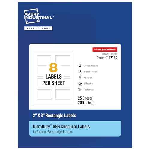 Avery UltraDuty GHS Labels, Waterproof, 2 X 3 White Rectangle Labels, 200 Total, Use with Pigment Inkjet Printers