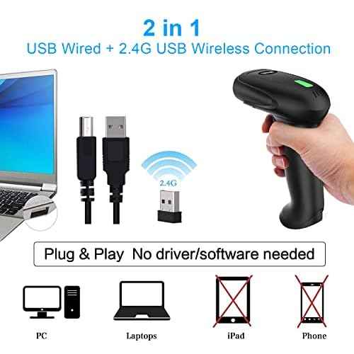USB Wireless Barcode Scanner with Stand,Symcode Barcode Scanner Versatile 2-in-1 (2.4Ghz Wireless+USB 2.0 Wired) Rechargeable Cordless 1D Barcode Reader Handheld Bar Code Scanner Wireless