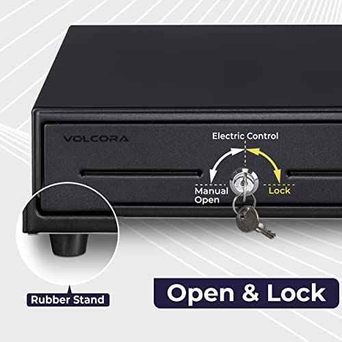 Volcora 13" Electronic Cash Register Drawer for Point of Sale (POS) System with 4 Bill 5 Coin Cash Tray, Removable Coin Compartment, 24V, RJ11/RJ12 Key-Lock, Media Slot, Black - for Small Businesses