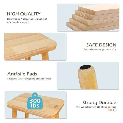 BEE&OAK 13.4 Inch Heavy Duty Wooden Step Stools for Adults - Non Slip, 300 LBS Capacity, Easy Assembly - Ideal Step Stool for High Beds, Kitchen, Bathroom, Office, Garden (Natural)