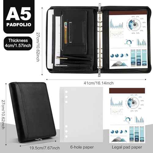 KISSKI Small A5 Planner Binder Portfolio for Men, 6 Ring Leather Zippered Padfolio Organizer with 1pc Notepad, Resume Document Folders for 5.5 x 8.5 Notepad, Tablet for iPad mini/iPad Air 2, Black