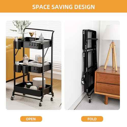 3 Tier Foldable Rolling Cart with Wheels, Folding Utility Cart Organizer, Collapsible Rolling Storage Cart with 3 Hanging Cups & 6 Hooks for Kitchen, Office, Nursery(Black)