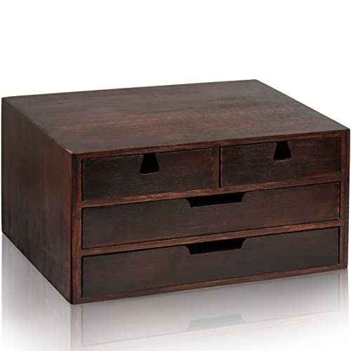 DEAYOU Bamboo Desk Organizer, 100% Natural Bamboo Desktop Drawer Organizer, Dark Brown Tabletop Storage Cabinet Organization Box with 4 Drawer for Makeup, Letter, Home, 3 Layer, Fully Assemble