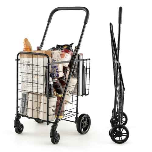 Goplus Folding Shopping Utility Cart, Double Basket and 360¡Æ Swivel Wheels, Adjustable Handle, Small Cart Perfect for Grocery Laundry Book Luggage Travel
