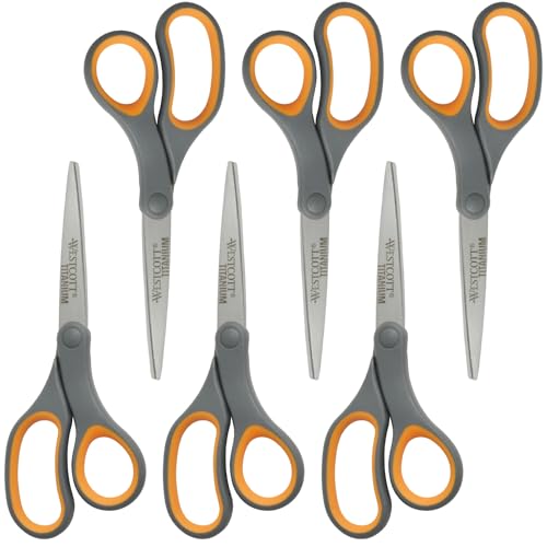 Westcott Titanium Bonded Scissors 8-Inch 6-Pack - Soft Handle, Straight, Gray/Yellow