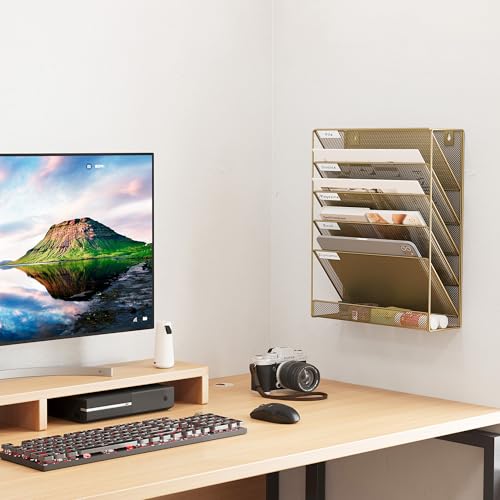 EasyPAG Gold 5-Tier Wall File Holder Mesh Organizer with Labels, Vertical Office & Home Desk Storage