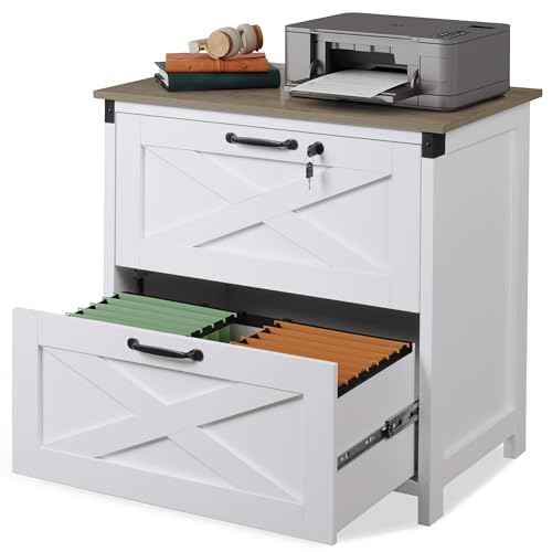 DEVAISE 2 Drawer Farmhouse File Cabinet with Lock, Lateral Filing Cabinet for Letter/Legal/A4 Size, Wood Printer Stand for Home Office, White