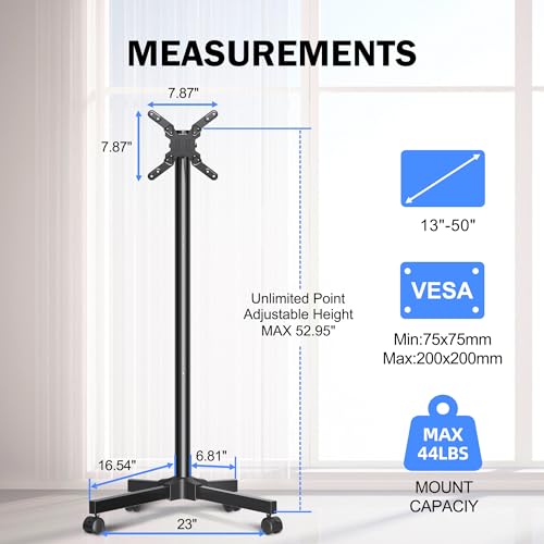 Mobile TV Carts, Rotating Rolling TV Stand on Wheels for 13-50" Flat/Curved TVs Height Adjustable 30¡Æ Tilt Floor TV Stand Portable Monitor Stand Holds up to 44lbs Max VESA 200x200mm ML1350
