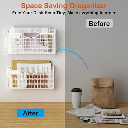MFTEK Magnetic File Holder, 2 Pockets Wall File Folders Holder No Drilling Magnetic Paper Mail Organizer Magazine Basket, Hanging Storage Rack for Fridge Cabinets Office Classroom(White)
