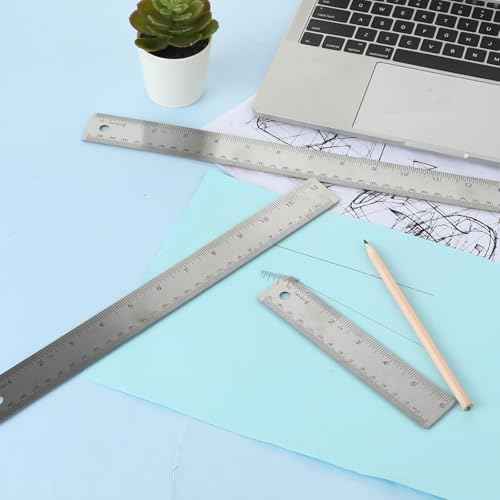 Metal Ruler with Cork Backing 6+12+18 Inch Stainless Steel Metal Ruler Non-Slip Rulers with Inch and Centimeters Straight Edge Cork Base Rulers for Drafting Office Tools, Prevent Ink Leakage