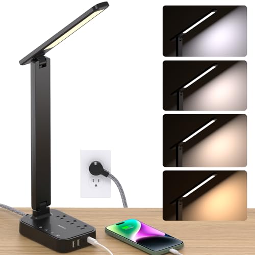 Addtam LED Desk Lamp with 4 Modes & USB Power Strip - Black, 5 FT Cord