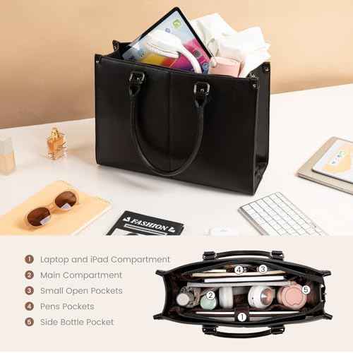 LOVEVOOK Laptop Tote Bag for Women, Large Capacity Vintage Leather Work Computer Bag, Business Casual Shoulder Handbag, 15.6inch Black