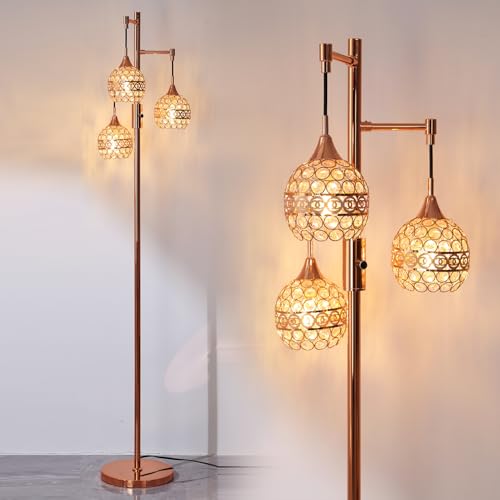 Dimmable Crystal Floor Lamp 3-Light Industrial Floor Lamp for Farmhouse Rose Gold Tree Lamp Standing Lamp with 3 Elegant Crystal lampshades for Living Room Bedroom (Rose Gold)