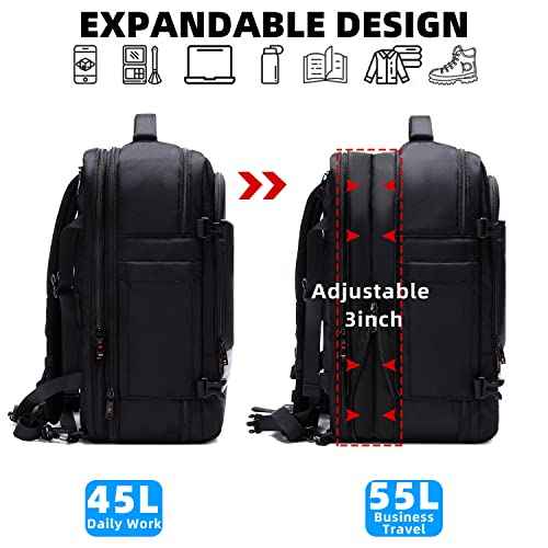 Asenlin Travel Backpack for Women Men£¬40L-50L Expandable Carry on Backpack£¬17 Inch Water Resistant Laptop Backpack for Weekender Overnight Extre Large Backpack-Black