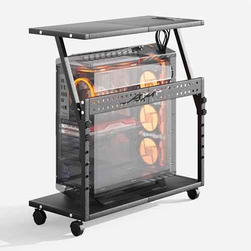 24In Large PC Stand, 5 Levels Height Adjustable Computer Tower Stand with Charging Station, Wheels and Hooks, CPU Holder Cart for Floor, Carpet and Under Desk, Easy Assembly£¨with Power Strips£©