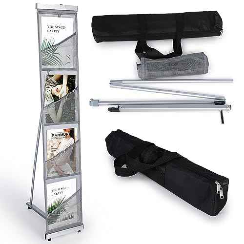 Outus 1 Pcs Literature Stand Magazine Display Rack with 4 Pocket, Portable Roll up Mesh Foldable Trade Show Display with Carrying Bag, Lightweight Magazine Rack Floor Standing for Exhibition Office