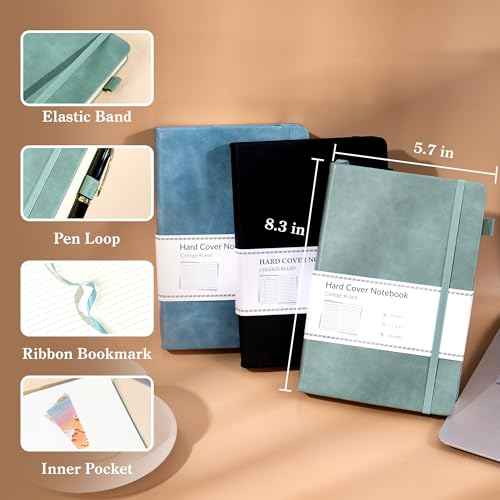 CAGIE 3 Pack Journals Notebooks for Women Men Thick Lined Journaling Notebooks A5 Leather Journals for Writing Hardcover Journal Supplies Diary, Green& Black& Blue