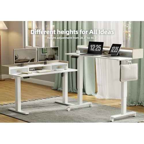 YDN Electric Standing Desk with Drawers, Adjustable Height Stand Up Desk, 48 inch Electric Sit Stand Computer Desk for Home Office, White