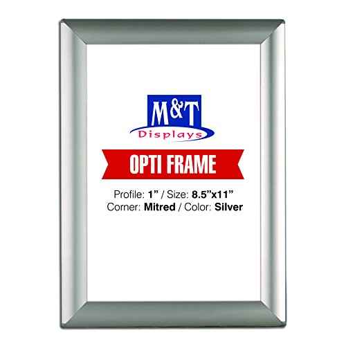 M&T Displays Opti Snap Poster Frame 8.5x11 Inch with Back Support Silver Color Aluminum Profile, Front Loading, Wall Mounting, Photo, Picture, Document, Sign Holder
