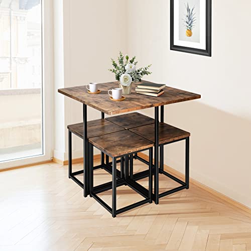 COSTWAY 5-Piece Dining Set for 4 Brown Square Table with 4 Stools